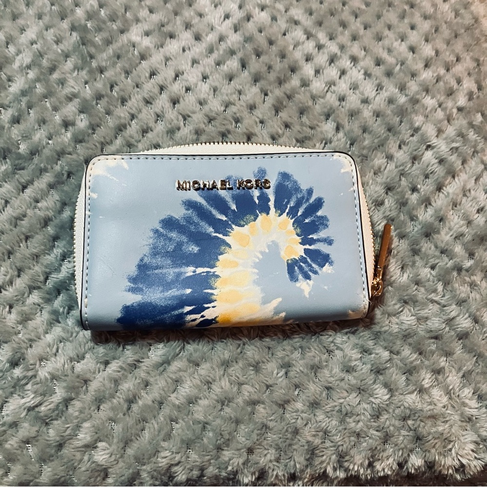 Michael Kors Blue and Yellow Tie-Dye Zip Card Wallet